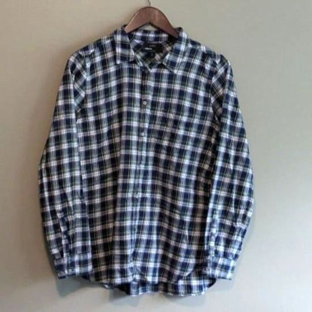 J Crew Womens Plaid Flannel Shirt Size 10 M Blue Green Long Sleeve Button Up